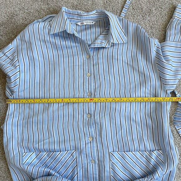 Zara Long Sleeves Oversized Shirt Midi Dress Tie Belt XS Lagenlook Blue Striped - Picture 12 of 15